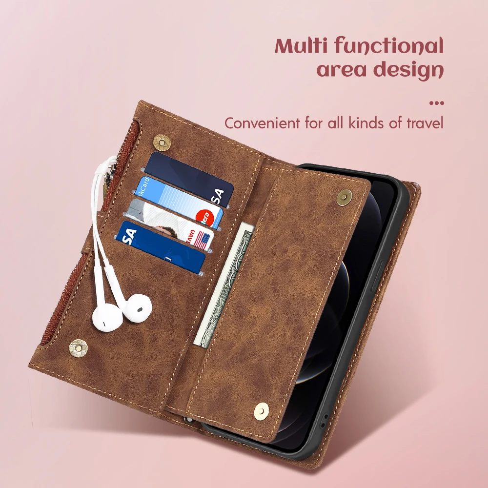 Wallet Flip Leather Case For iPhone 14 Pro Max Case for Apple 14 Plus With Free Rope Card Slot Luxury Zipper Protective Cover