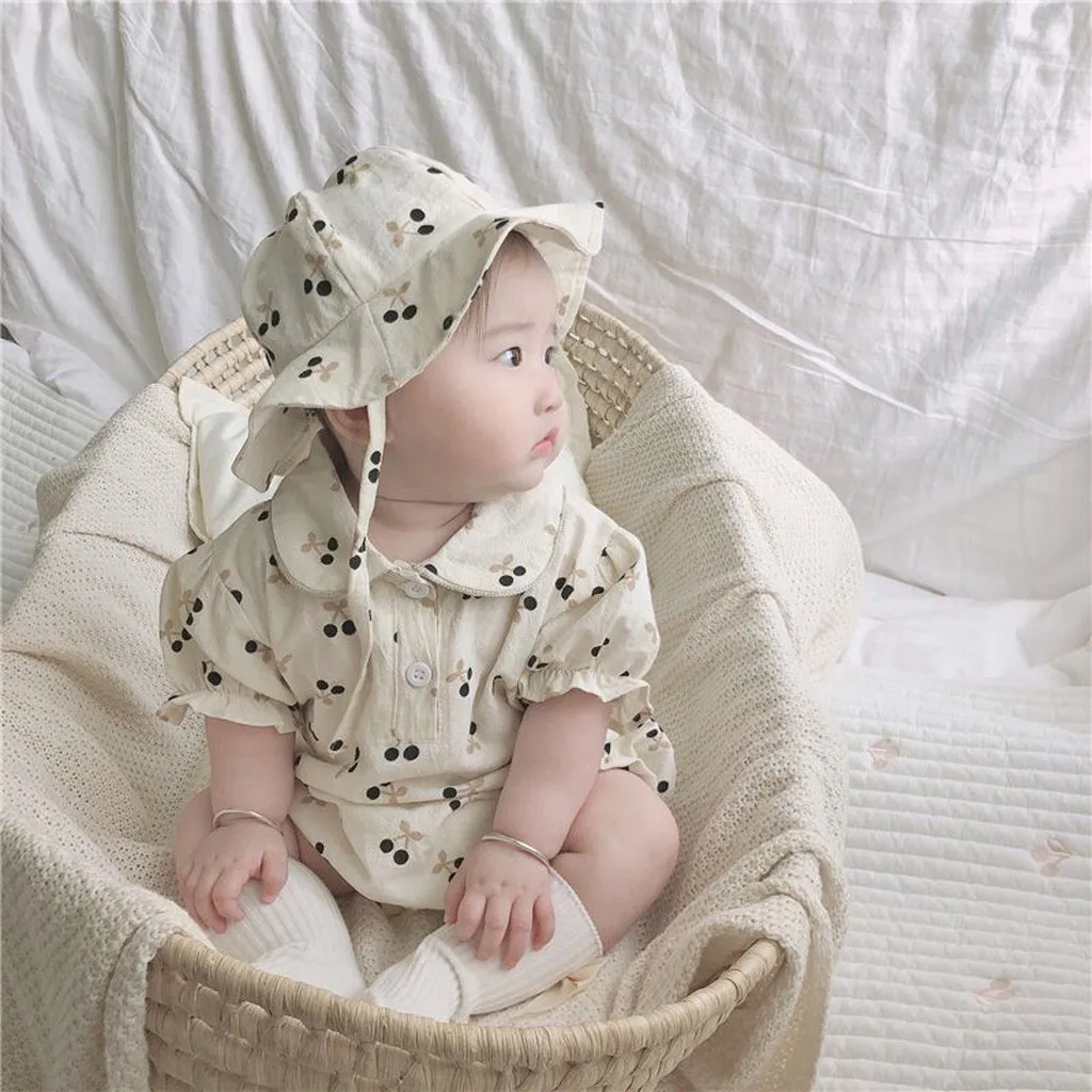 Mono de manga corta con cuello de muñeca con flores para recién nacido, sombrero, traje para gatear