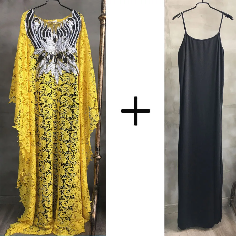 Yellow 2 piece set Новые кружевные африканские платья для женщин Дашики свободная африканская одежда Базен Riche Сексуальная африканская юбка с вышитой бисером длинное платье - Цвет: Yellow 2 piece set