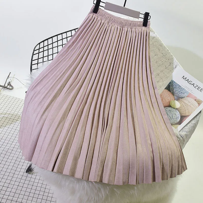 Camel pink Женская Осенняя длинная Плиссированная юбка, винтажная юбка, Женская замшевая юбка, Зимняя юбка средней длины, двухслойная - Цвет: Camel pink