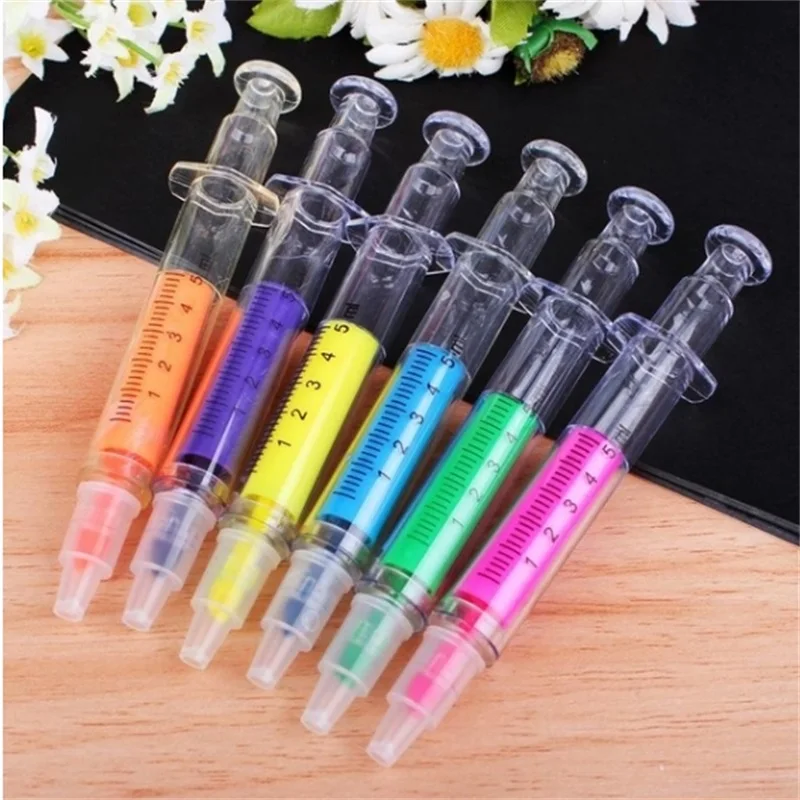 6pcs Syringe Highlighter Pen Plastic School Office Nurse Doctor Student Novelty