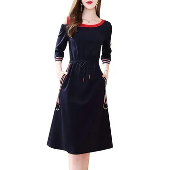 

New elegant office women's bow pocket mid long sleeve autumn o-neck waist gathered fringe dress fashion slim dress SS793