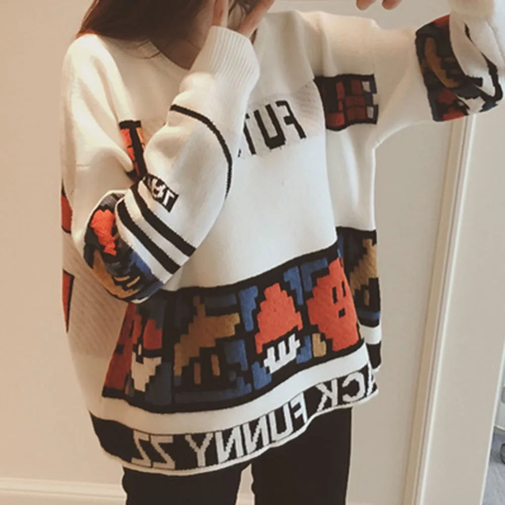 

Korean Style Cartoon Print Sweater Women Winter Casual Loose Lazy Oaf Knitted Pullover Female Patchwork Color Block Knitwear