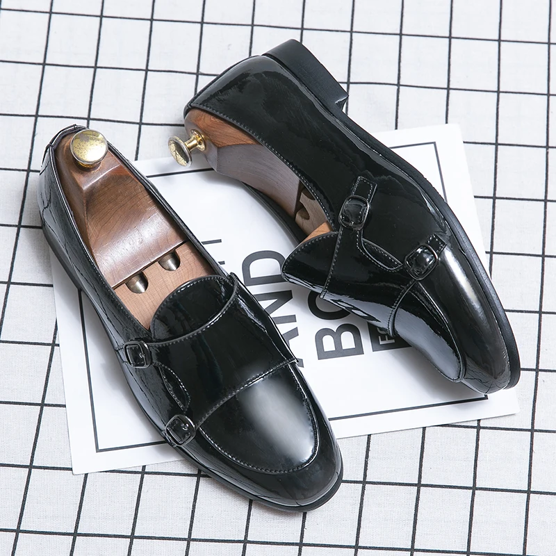 Men's classic dress shoes double monk strap loafers shoes british green formal men wedding night clup party shoes Moccasins