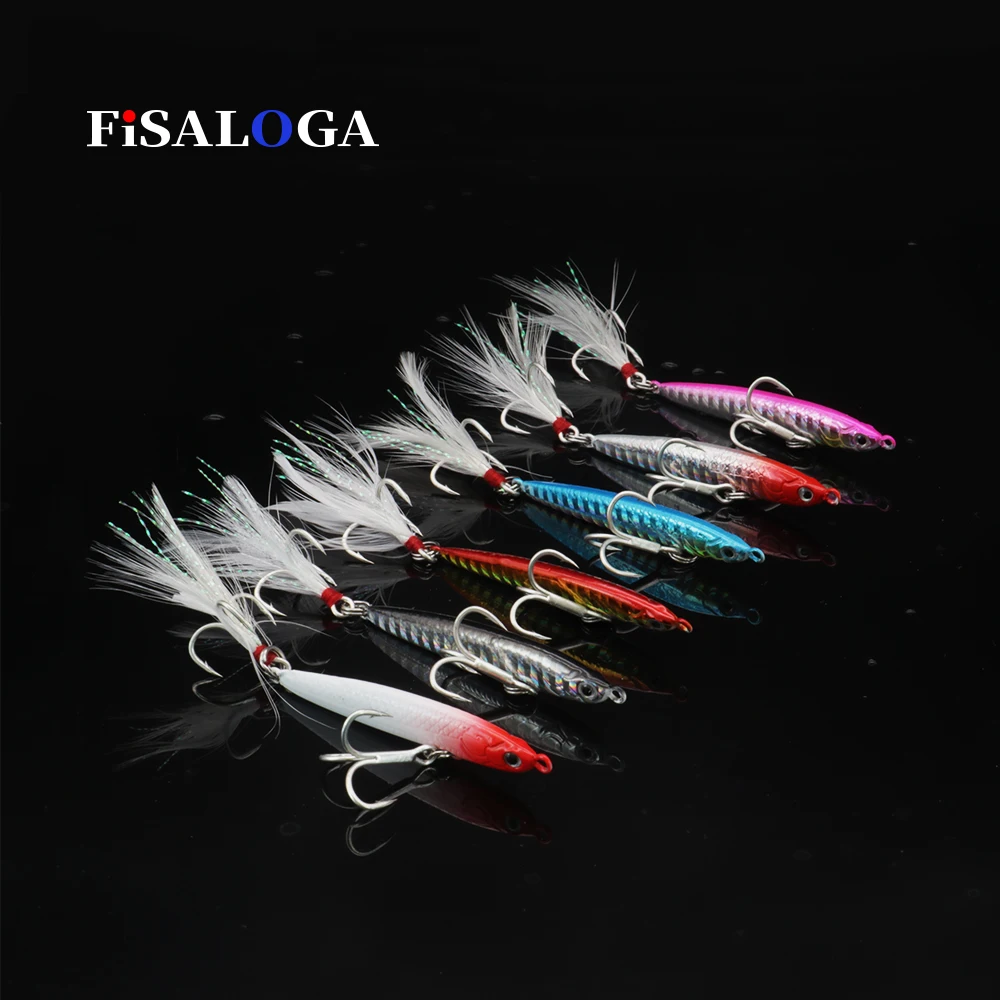 Metal Jigs Pilker Lures 16.5g 21.5g Lead Baits Feather Fishing Slow Jigging FiSALOGA Tuna Trout Gift Bar Lure 2 VMC Treble Hooks