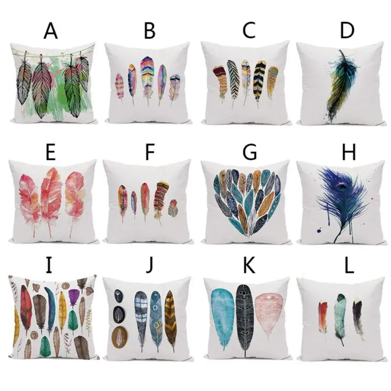 Pillow Case 45*45 Feather Flower Painting Linen Throw Pillowcases Simple Modern Cushion Office Back Cushion Core-less