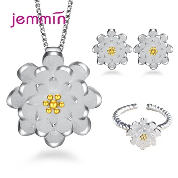 

Fashion Jewelry Set For Women Flower Design Pendant Necklace Ring Hoop Earrings 925 Sterling Silver CZ Crystal Female Party