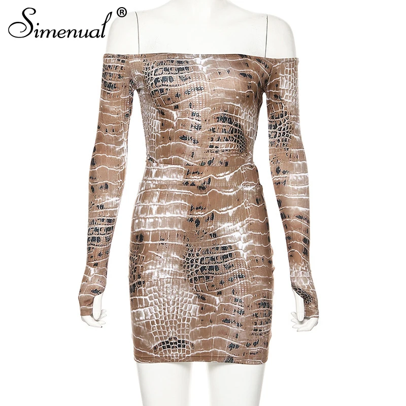 snake print Simenual Sexy Hot Snake Print Matching Set Women Off Shoulder Fashion Two Piece Outfits Long Sleeve Bodysuit And Skirt Sets - Цвет: snake print