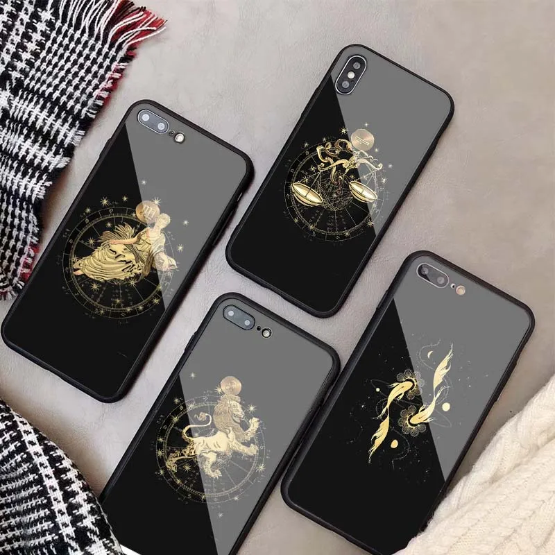 for iPhone 11 12 Pro Tempered Glass Phone Case DIY Luxury Cover Zodiac Signs Apple 8 7 6 Pius X XS 11Pro Max SE 2020 | Мобильные