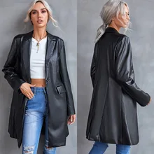 Mid-length PU leather female jacket black commuter long-sleeved windbreaker PU leather female fashion V-neck handsome topjavasc