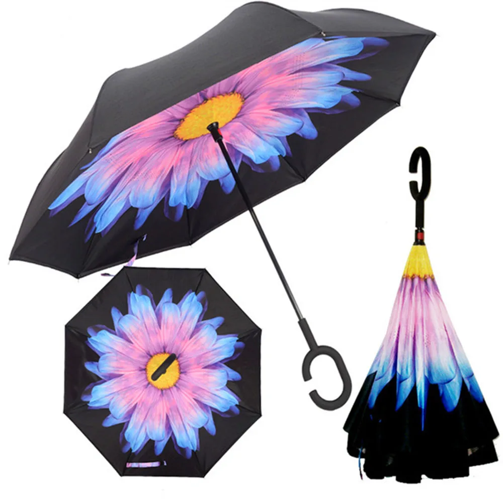 C ручкой ветрозащитный обратный складной зонтик для мужчин и женщин Защита от солнца дождь автомобиль перевернутый Зонты Двойной слой анти УФ Самостоятельная стойка Parapluie