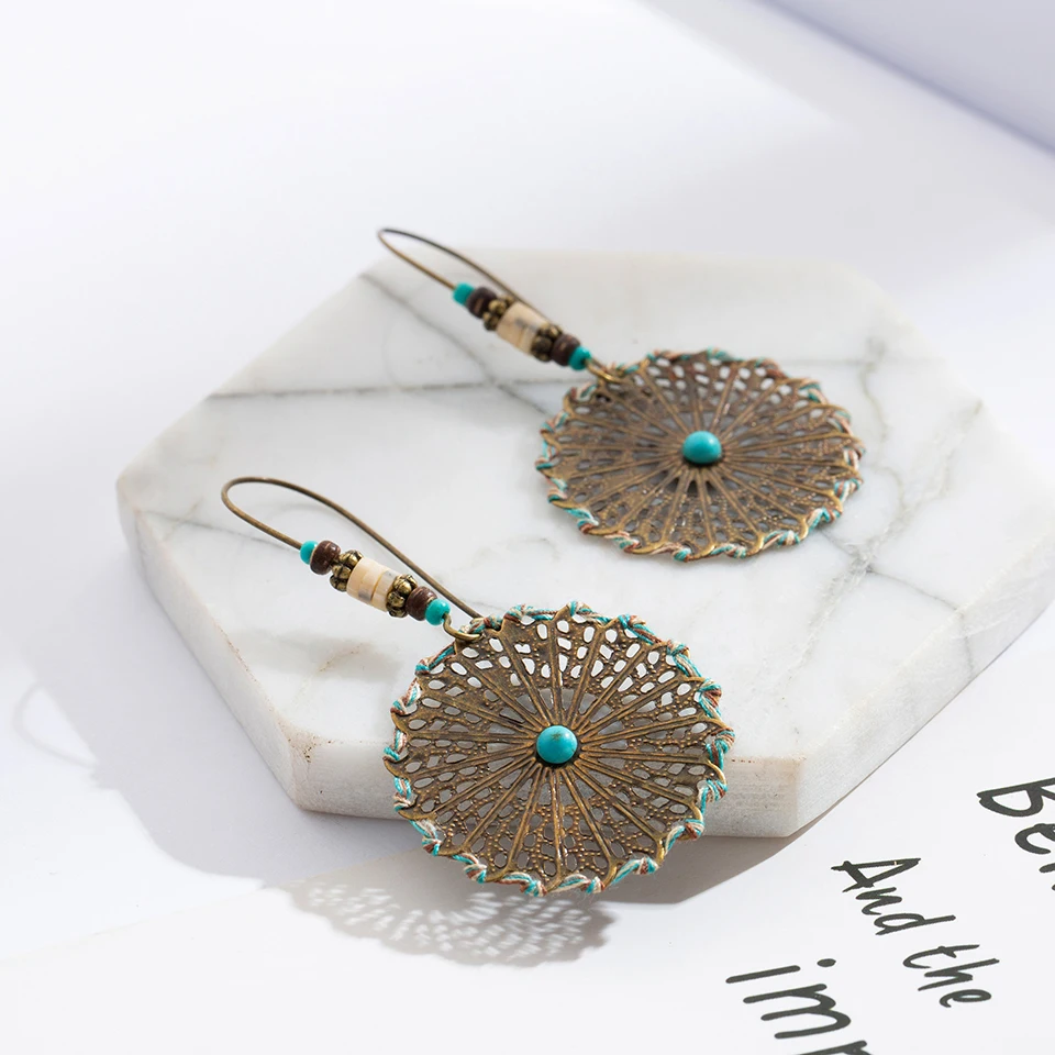 Boho Винтаж Серебряный цвет зеленый круглый Висячие серьги для женщин 2019 модные