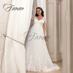 Big Size V-Neck See-Through Wedding Dresses Long Sleeve Lace Appliques Tulle Bridal Gown robe de mariée vestidos de novia