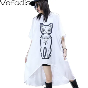 

Vefadisa White Black Cartoon Print T-shirt Irregular Women T-shirt 2020 Summer Hoodie T-shirt Loose Sunscreen Clothes QYF3176