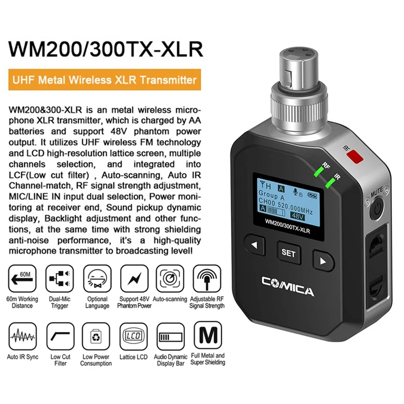 Comica Wm200/300-Xlr 96-канальный Uhf Интерфейс металлический Беспроводной микрофон передатчик XLR с лцф/автоматическое сканирование/Авто Ir ча