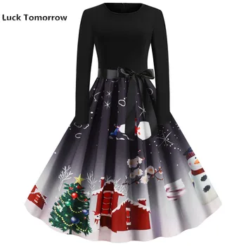 

Fashion Women Christmas Long Sleeve Dress Elegant Vintage Black Print Party Dress 2019 Autumn Winter Casual Midi vestidos Robe