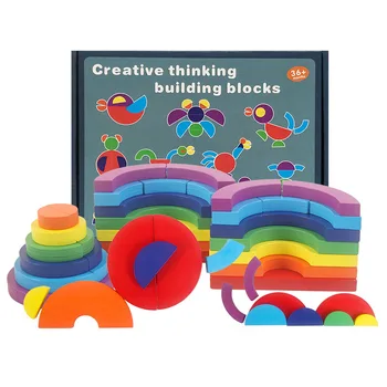 

QWZ Rainbow Creative Thinking Building Blocks Wooden Toys For Kids Montessori Educational 3D Put Together Games For Kids Gifts