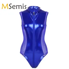 Женский Блестящий купальник, сдельный кожаный купальник, прозрачная сетка, на молнии, открытая промежность, купальник с высокой посадкой, боди с открытой промежностью
