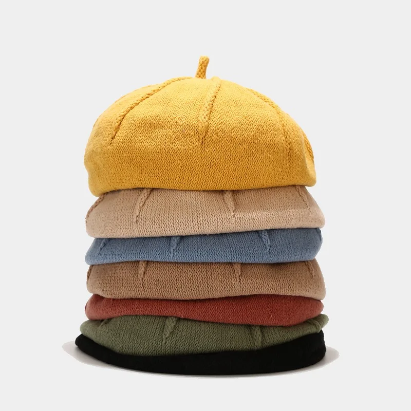 

Oloey Autumn New Fashion Ribbed Knitted Berets Women Sweet Doom Painter Hat Female Casual Vacation Warm Harajuku Hat Streetwear