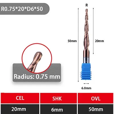 0.75R-20cl UCHEER скидка 1 комплект 6 мм конусная сферическая Концевая фреза с вольфрамовым твердосплавным покрытием фрезерный станок с ЧПУ Деревообработка Гравировка Бит - Длина режущей кромки: 0.75R-20cl