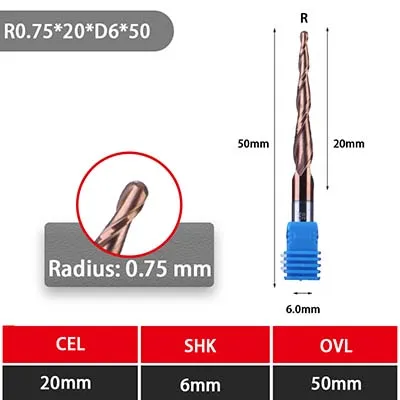 UCHEER скидка 1 комплект 6 мм конусная сферическая Концевая фреза с вольфрамовым твердосплавным покрытием фрезерный станок с ЧПУ Деревообработка Гравировка Бит - Длина режущей кромки: 0.75R-20cl