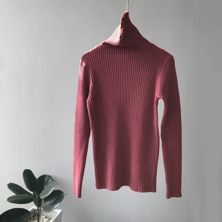 Mooirue зима, Женский вязаный свитер в Корейском стиле, длинный вязаный тонкий пуловер с высоким воротом, женский розовый белый свитер - Цвет: Plum red
