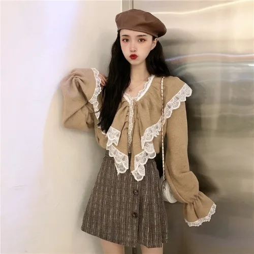 khaki cardigan Woherb кружевной лоскутный свитер с v-образным вырезом и длинным рукавом, Женский винтажный Модный повседневный Свободный кардиган, вязаная одежда, женский корейский стиль 91523 - Цвет: khaki cardigan