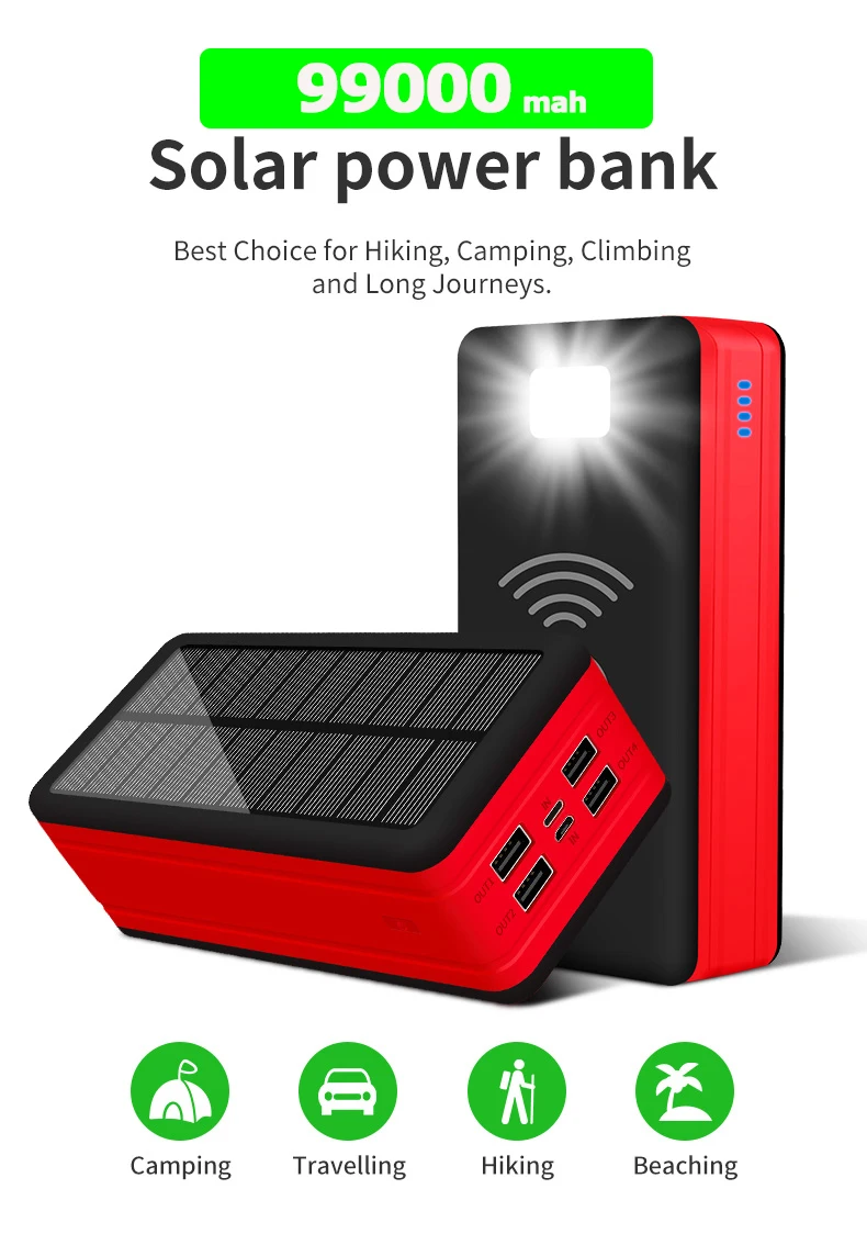 best power bank 99000mAh Wireless Solar Power Bank Portable Charger Large Capacity 4USB LEDLight Outdoor Fast Charging PowerBank Xiaomi Iphone usb c power bank