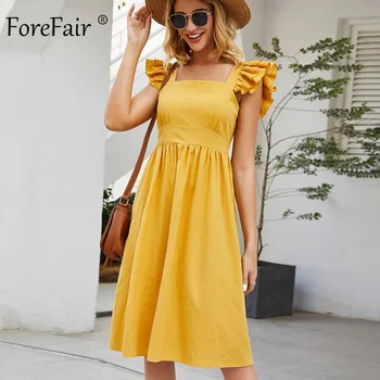 

Forefair Women Summer Dress Boho Beach Ruffle Yellow Square Neck Waisted Tunic 2020 New Sexy Dress Women