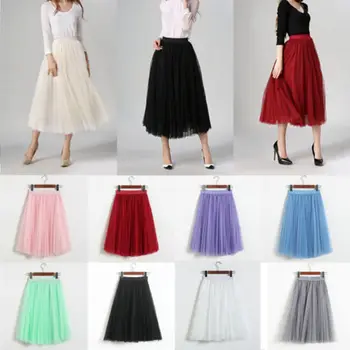 

Women Ladies FashionTulle Mesh 62cm Skirt Elastic High Waist Lace Pleated Solid