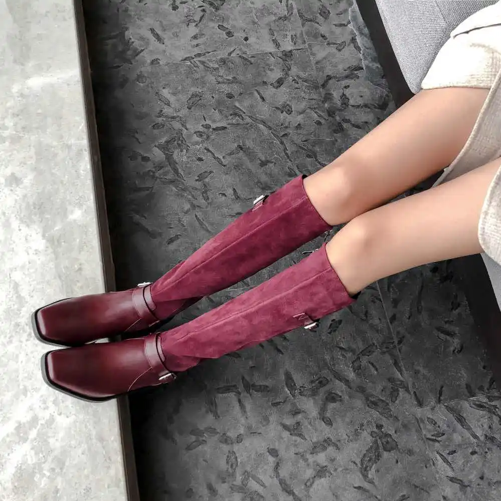 Lenkisen new vintage cow leather patchwork buckle straps square toe med heels winter keep warm women Zipper thigh high boots L35
