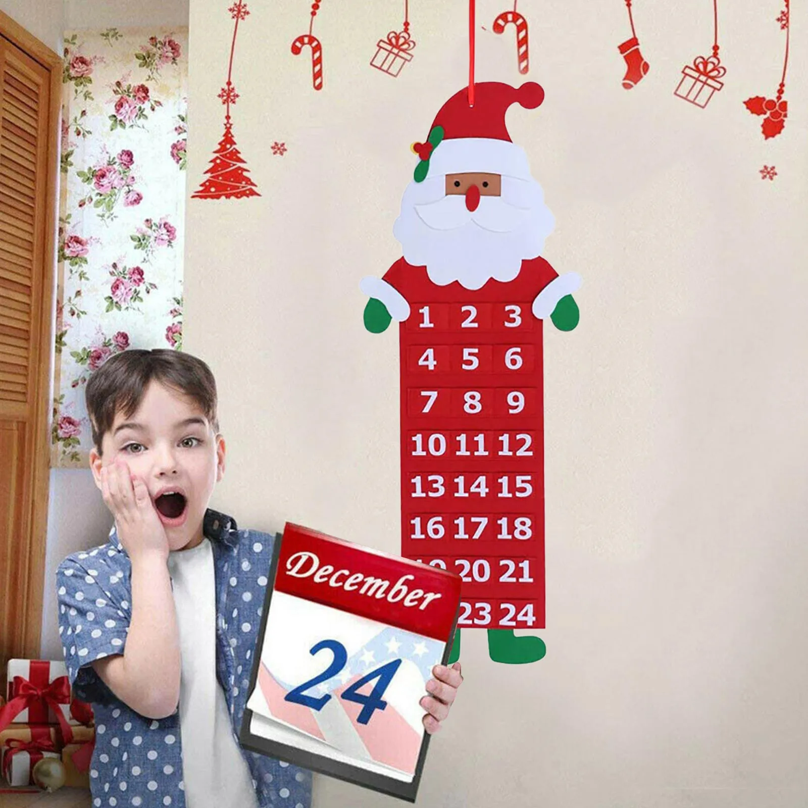 2022 Santa Claus Advent Calendar With Pockets 24 Days Hanging Christmas Countdown Felt For Indoor Home Door Wall Decor | Дом и сад