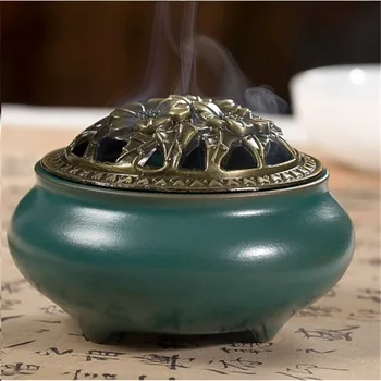 

Ceramic Incense Burner Copper Cover Buddhist Incense Holder Lotus Flower Sandalwood Portable Porcelain Censer Tea House Supplies