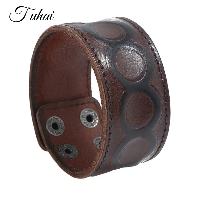 

Brown Genuine Leather Cuff Wrap Bracelet Creative Imprint Round Wide Male Bangles Vintage Punk Style