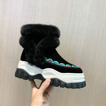 

2019 New Genuine Leather Snow Boots For Women Winter Warm Wool High Quality Ankle Boots Cow Suede Slip on Shoes Woman
