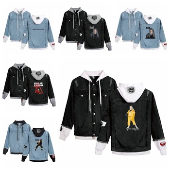 

Billie Eilish hoodie Denim Jacket for Men pop Windbreaker Couple Wear Coat Streetwear Man Blue Black Cotton Drop Shipping