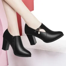 

Women Shoes Autumn Winter Pu Leather Designer Thick High Heels Ladies Luxury Black Medium Heel Female Pumps Boots Fashion Shoe