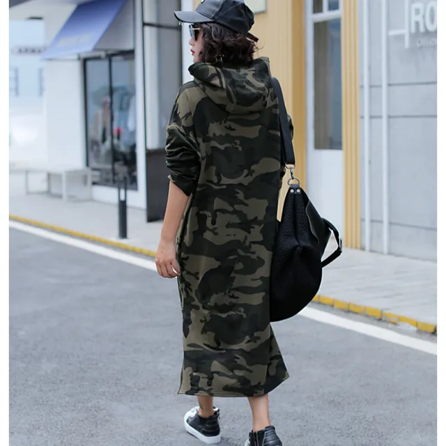 Autumn Basic Hooded Dress Sweatshirts Women Korean Fashion Camouflage Hoodies New Long Outwear Plus Size Split Casual Pullovers 4