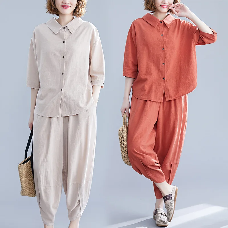 

Spring And Summer Literature And Art Cotton Linen Solid Color Non-symmetrical Lace-up Shirt Capri Pants-Style Set