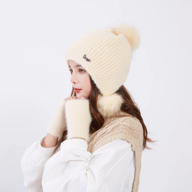 Hat gloves set 7 Женская зимняя шапка бини Толстая Теплая Флисовая шар-помпон шерстяная шапка с ушками верхняя одежда вязаная Повседневная шапка и перчатки - Цвет: Hat gloves set 7