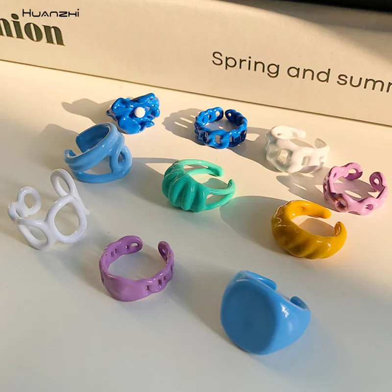 HUANZHI-Anillos abiertos irregulares pintados a mano para mujer, nueva moda, Anillos geométricos de aceite de goteo colorido, joyería de fiesta 2020