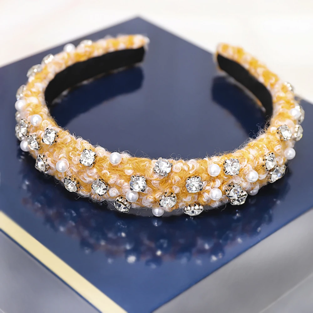 Levao Boutique повязка на голову с жемчугом и стразами для женщин аксессуары для волос модная лента для волос из овечьей шерсти ободок для головы обруч для волос головной убор - Цвет: Цвет: желтый