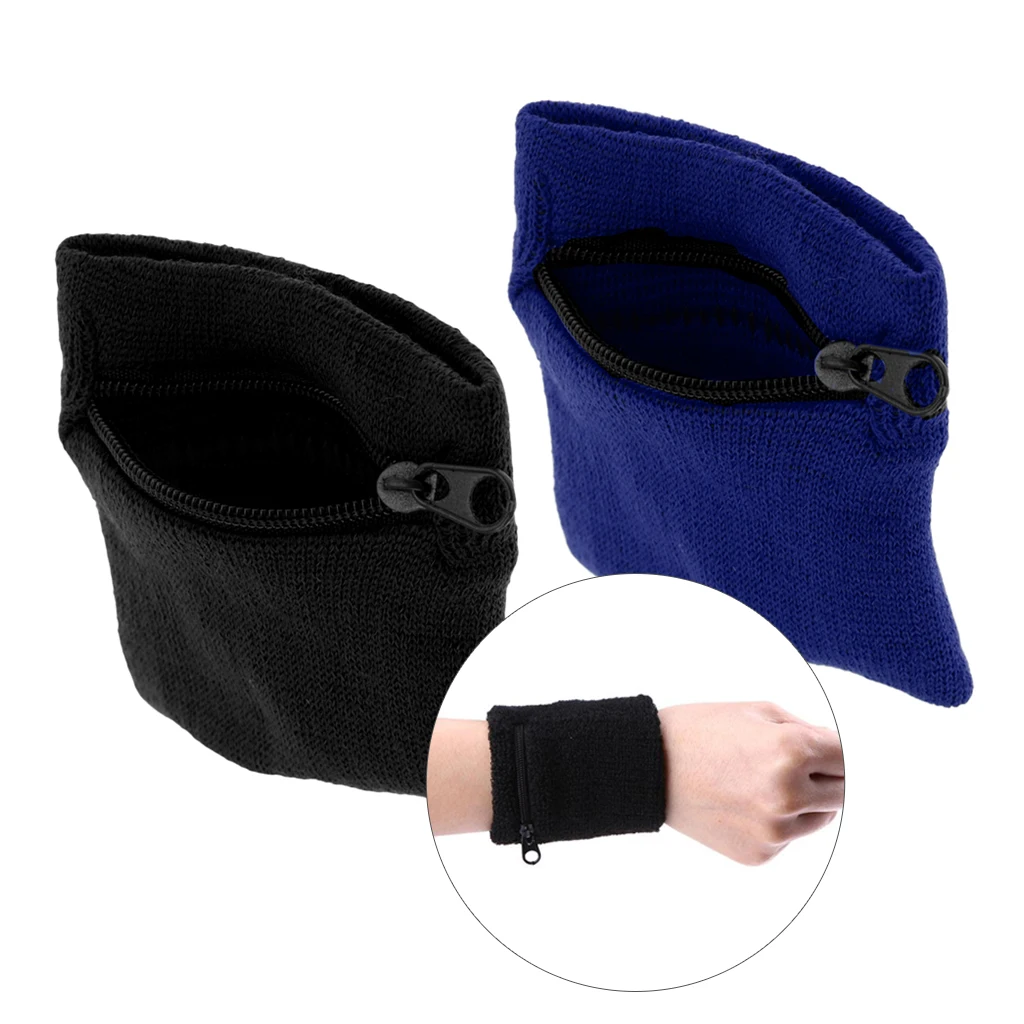 (Pack of 2) Unisex Sweatbands Outdoor Sports Running Wrist Band Wallet with Zipper Pocket