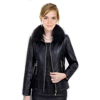

New 2019 fashion autumn winter plus size 5XL leather coat women warm fake fur collar short leahter jacket ladies red outerwear