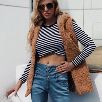 

Winter White Fur Vest Women Warm Cardigan Outerwear Waistcoat Elegant Sleeveless Coat Hooded Faux Fur Jacket Plus Size S-3XL