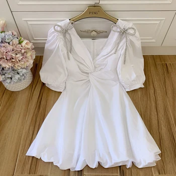 

Fanco 2020 Summer Elegant Bubble Sleeve Studded Beads Bow Decoration Little Sexy Deep V Waist Lantern Dress