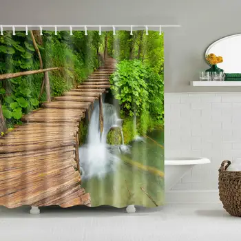 

Waterproof Thicken Wooden Bridge River Green Jungle Forest Polyester Mildew Proof Bath Tub Shower Curtain with 12 pcs Hooks