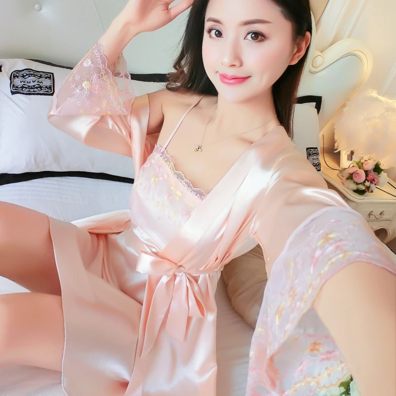 two pieces female nightwear sets lace& satin patchwork womens robe& gown sets kimono bathrobe+ nightdress - Цвет: color10