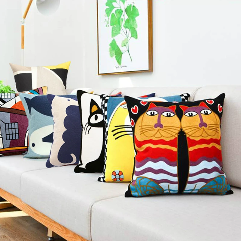 

Hot Sale Embroidery Impressionist Pillowcase Cotton Canvas Cushion Cover European Decorative Pillowcase Style Sofa Cushion Cover