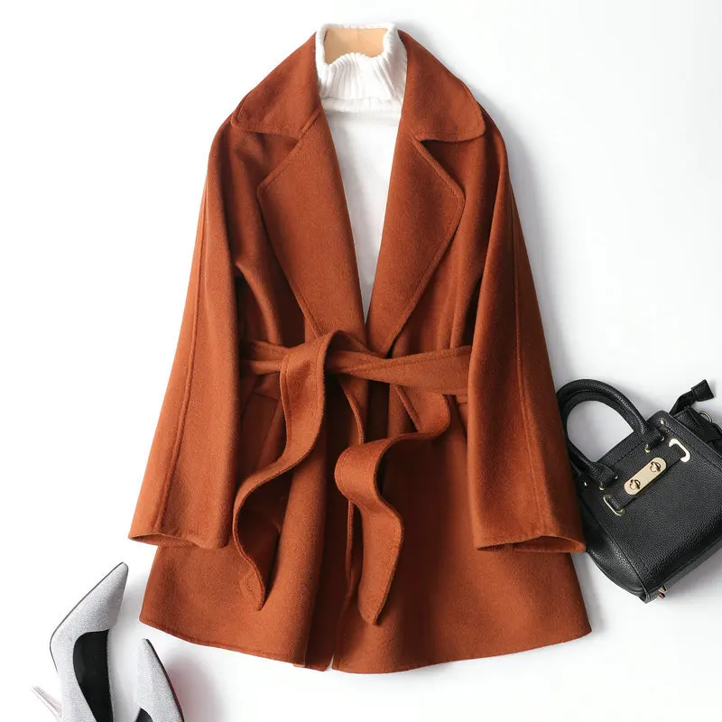 

Double-Faced Cashmere Coat Women Caramel Belts Middle Length Turn-Down Overcoats Hand Stitch Wool Winter 2020 Lady Warm Outwear